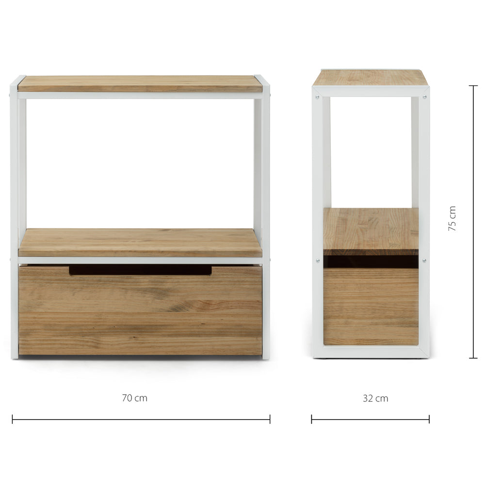 Consola iCub Derby 32x70x75cm estante y cajón inferior Blanco en madera de pino maciza acabado vintage estilo Industrial Box Furniture