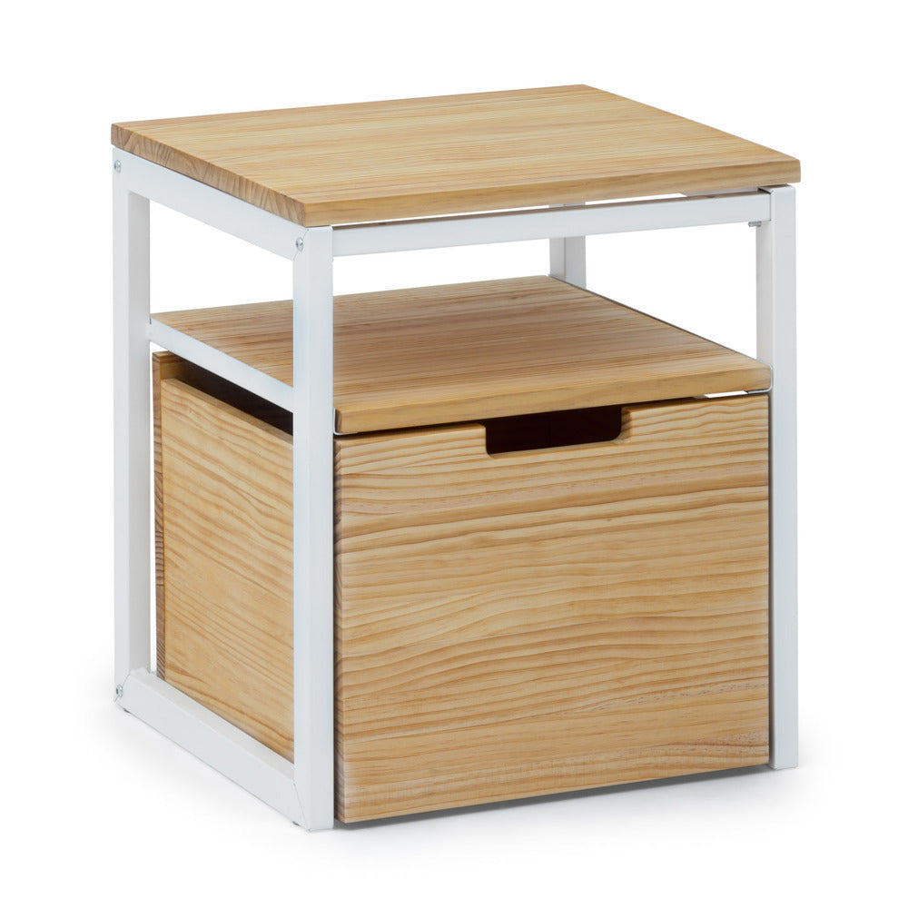 Mesita de noche ECO Three 1 Estante 1 cajón 40x40x47cm Blanca en madera maciza de pino acabado natural estilo nórdico industrial Box Furniture