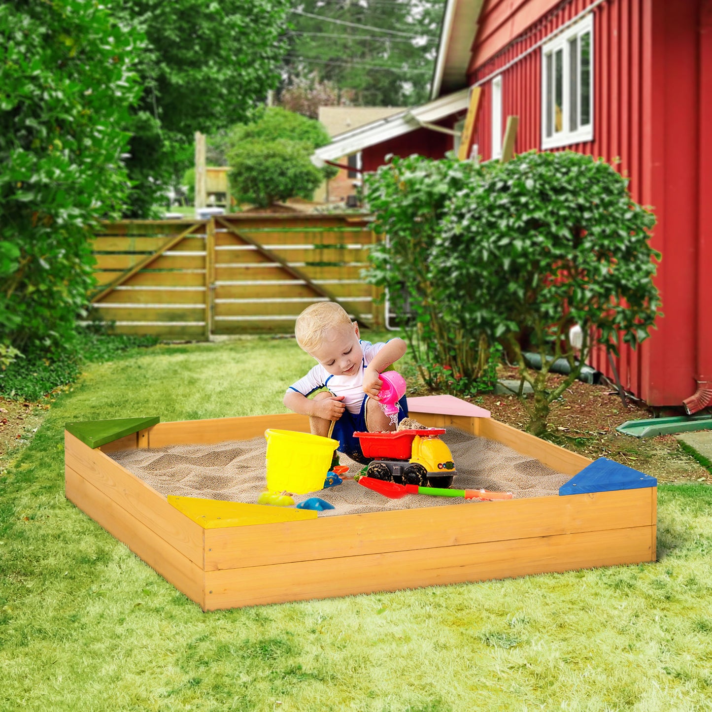 Outsunny Arenero Infantil de Madera Arenero para Niños Cuadrado de 3-8 Años con Tela no Tejida y 4 Asientos para Jardín Patio Terraza 109x109x19,8 cm Natural