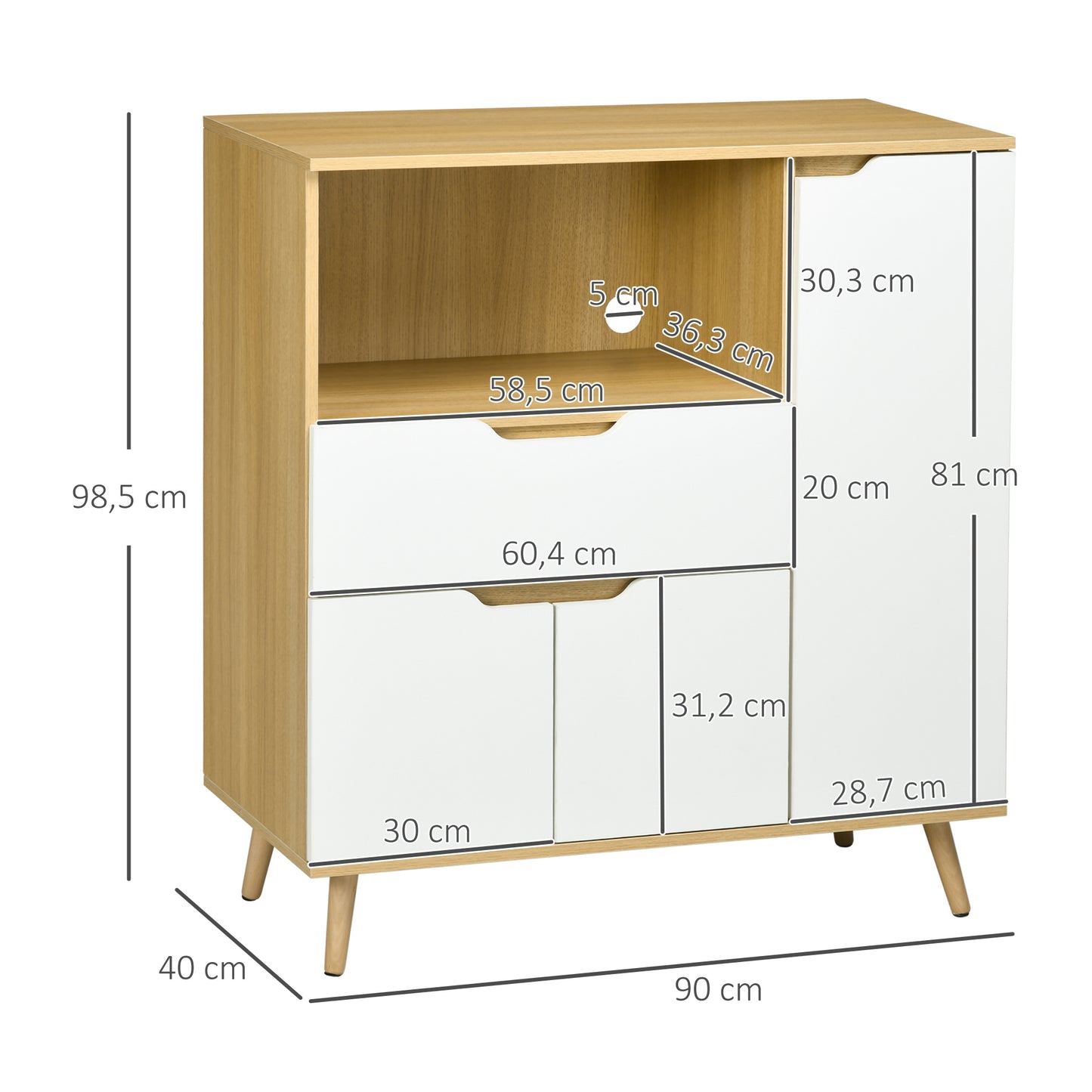 HOMCOM Aparador Auxiliar para Microondas Armario de Cocina Moderno con Cajón 3 Puertas y Compartimiento Aparador de Buffet para Comedor Salón 90x40x98,5 cm Blanco