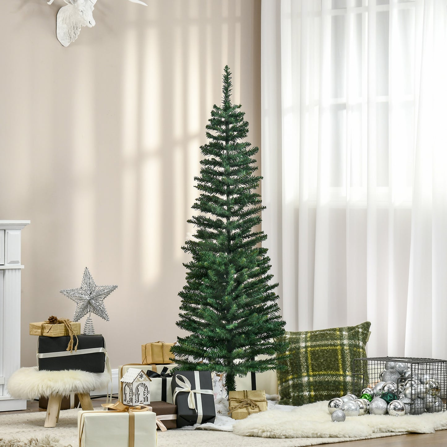 HOMCOM Árbol de Navidad Artificial 150 cm Ignífugo con 294 Puntas de Rama PVC y Soporte de Metal Decoración Navideña para Interiores Fácil de Montar Verde