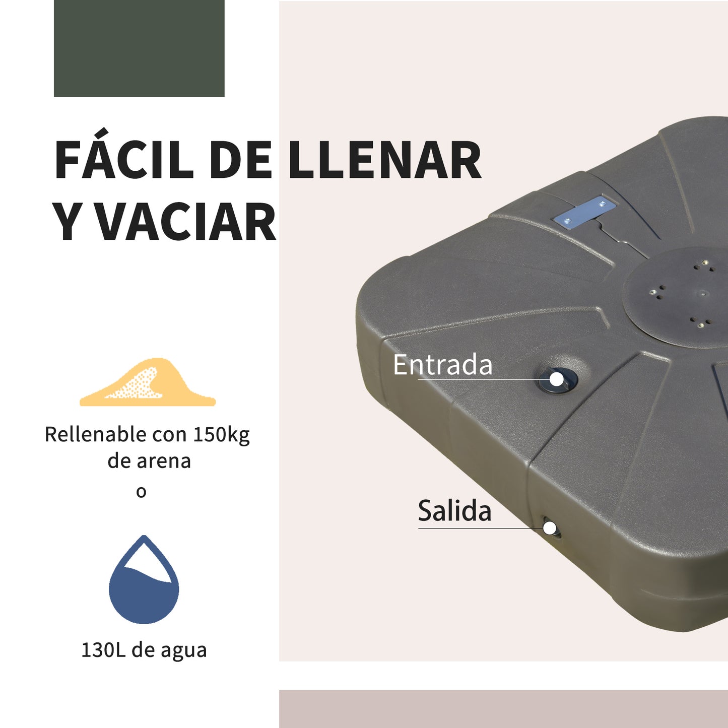 Outsunny Base para Sombrilla Excentrica Grande Rellenable de Arena y Agua con 4 Ruedas para Exteriores Patio Jardín 88x88x19 cm Café