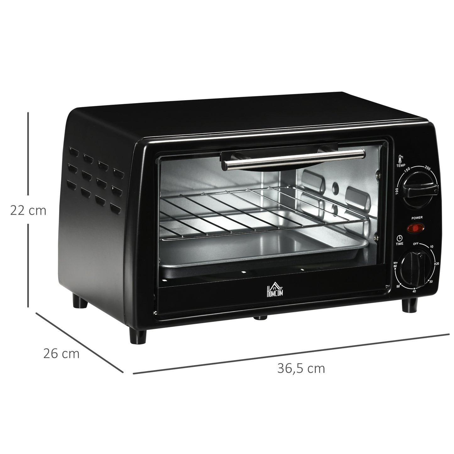 HOMCOM Horno Eléctrico Sobremesa 10 Litros 750W Horno Eléctrico Pequeño con Temperatura hasta 230 ℃ Temporizador 60 Minutos Bandeja y Rejilla 36,5x26x22 cm Negro