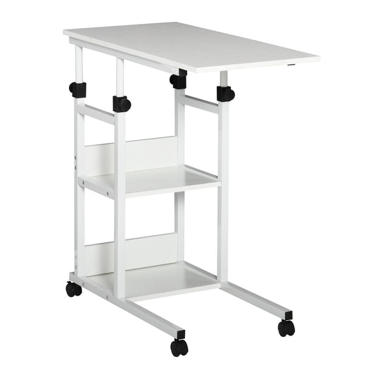 HOMCOM Mesa Auxiliar con Ruedas 80x40 cm Mesa para Sofá en Forma de C con Altura Ajustable 3 Niveles de 72-82 cm Marco de Metal para Salón Cocina Blanco