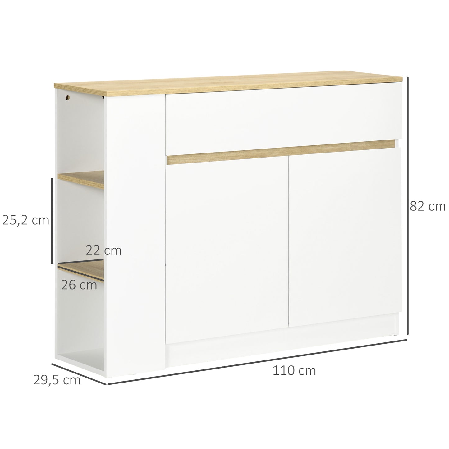 HOMCOM Aparador Blanco Aparador de Cocina con 2 Puertas Cajón y 3 Estantes Abiertos Armario de Almacenamiento para Salón Comedor 110x29,5x82 cm