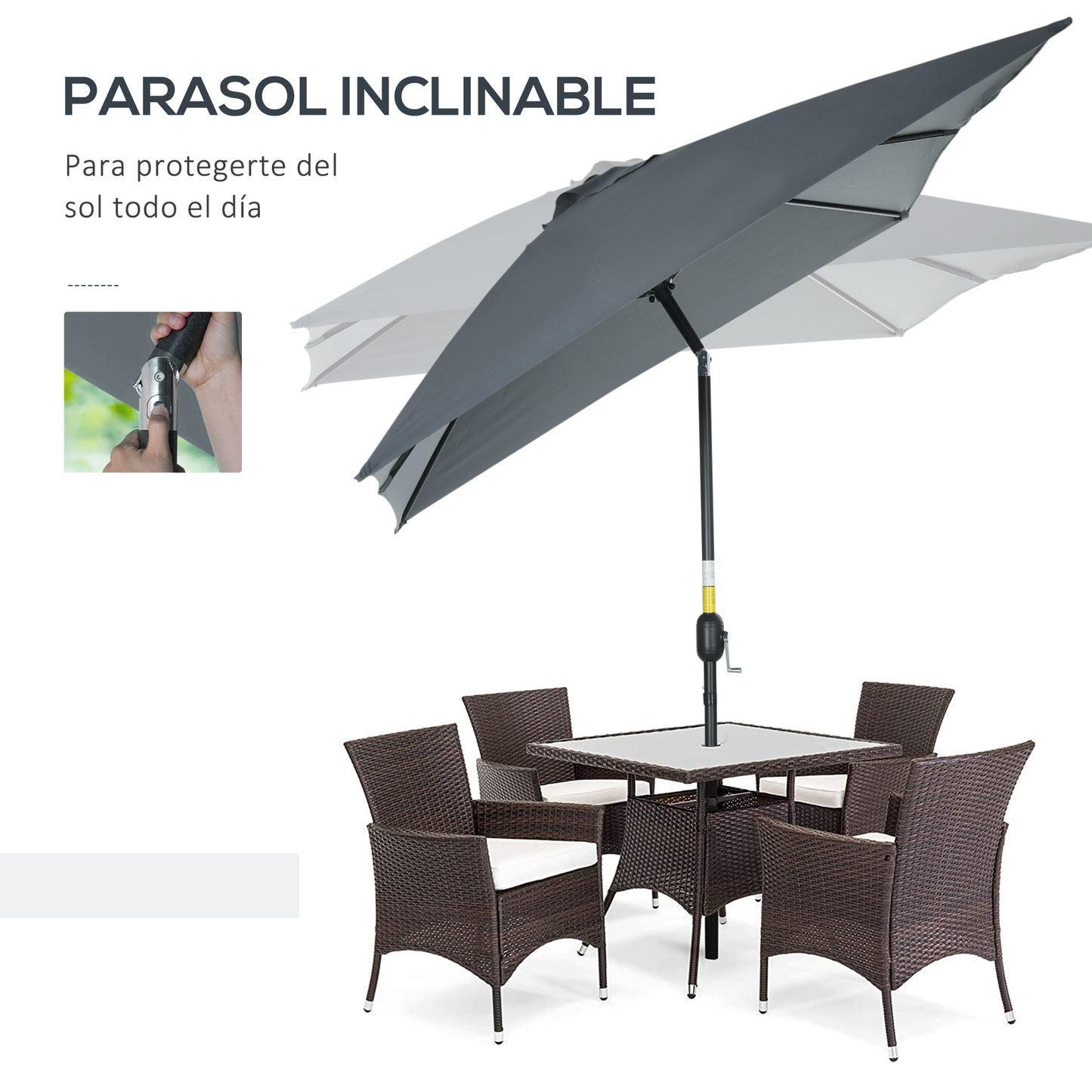 Outsunny Sombrilla de Aluminio 200x300x253 cm Parasol Rectangular de Jardín Inclinable con Manivela y Poste Desmontable Anti-UV para Terraza Piscina Patio Exterior Gris