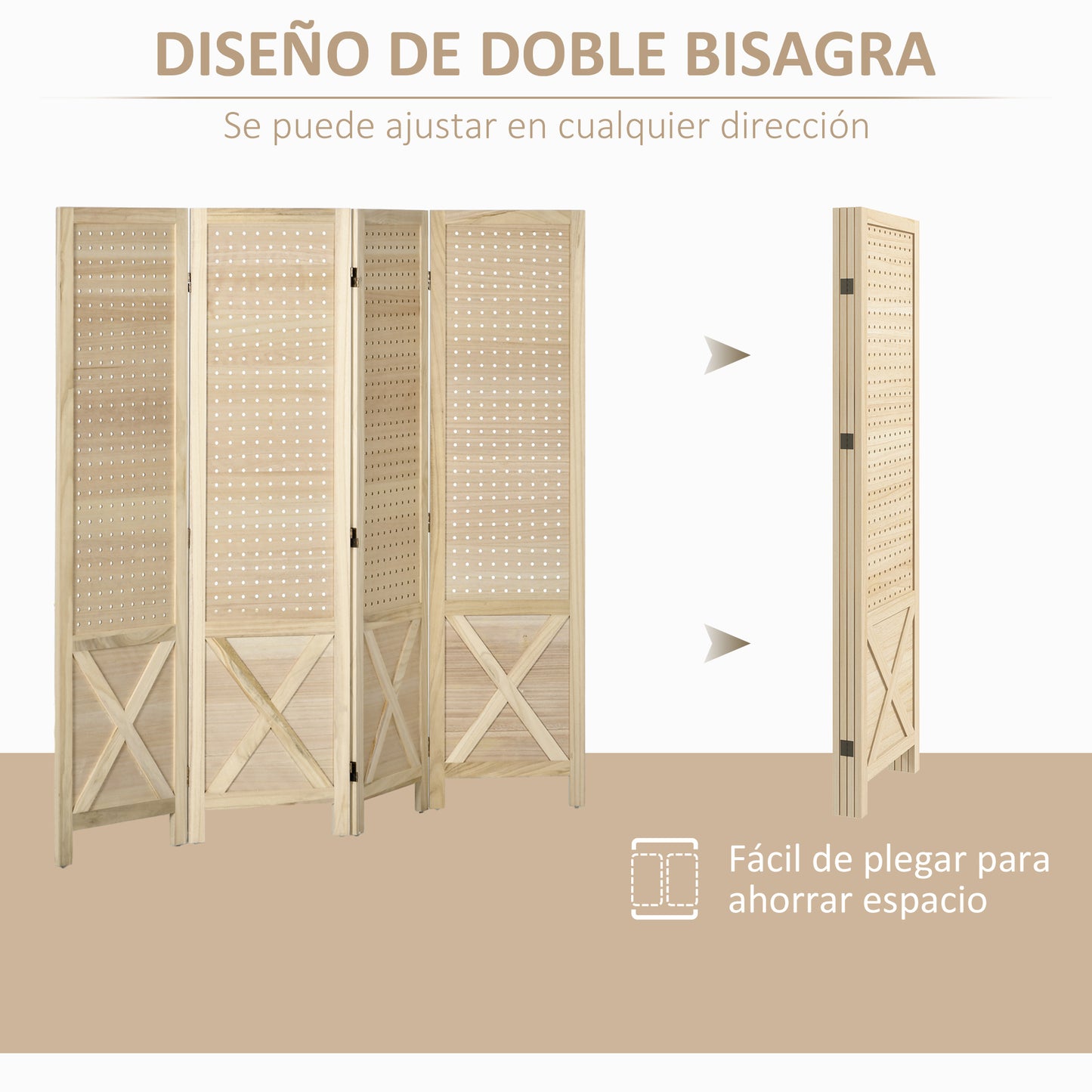 HOMCOM Biombo de 4 Paneles Divisor de Habitación Plegable 152x1,7x144,5 cm Separador de Ambientes con Pantalla de Privacidad Agujeros para Colgar para Oficina Dormitorio Salón Natural