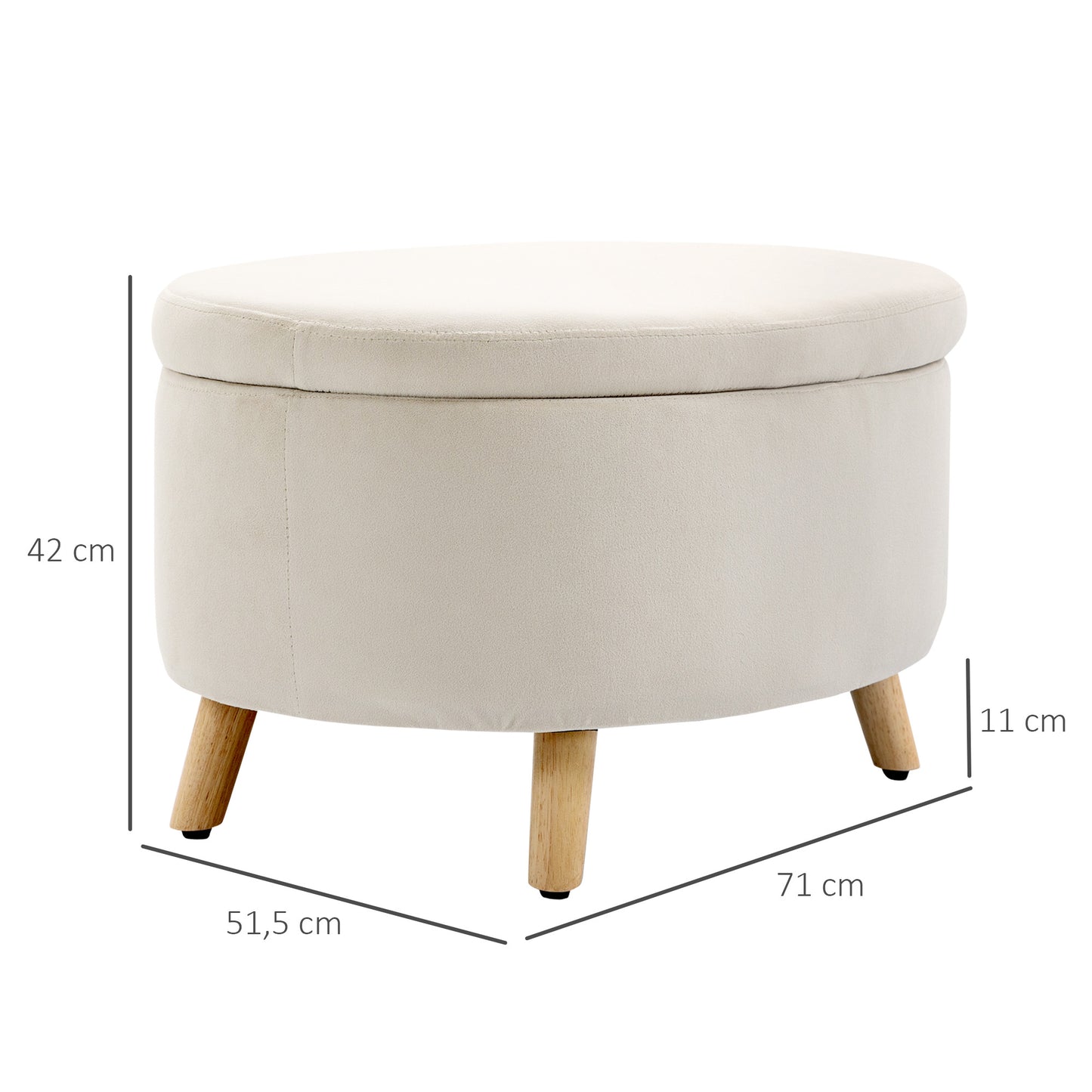 HOMCOM Otomana Puff Tapizada en Terciopelo Acolchada Taburete de Almacenaje con Tapa Extraíble y Patas de Madera para Dormitorio Salón Pasillo 71x51,5x42 cm Beige