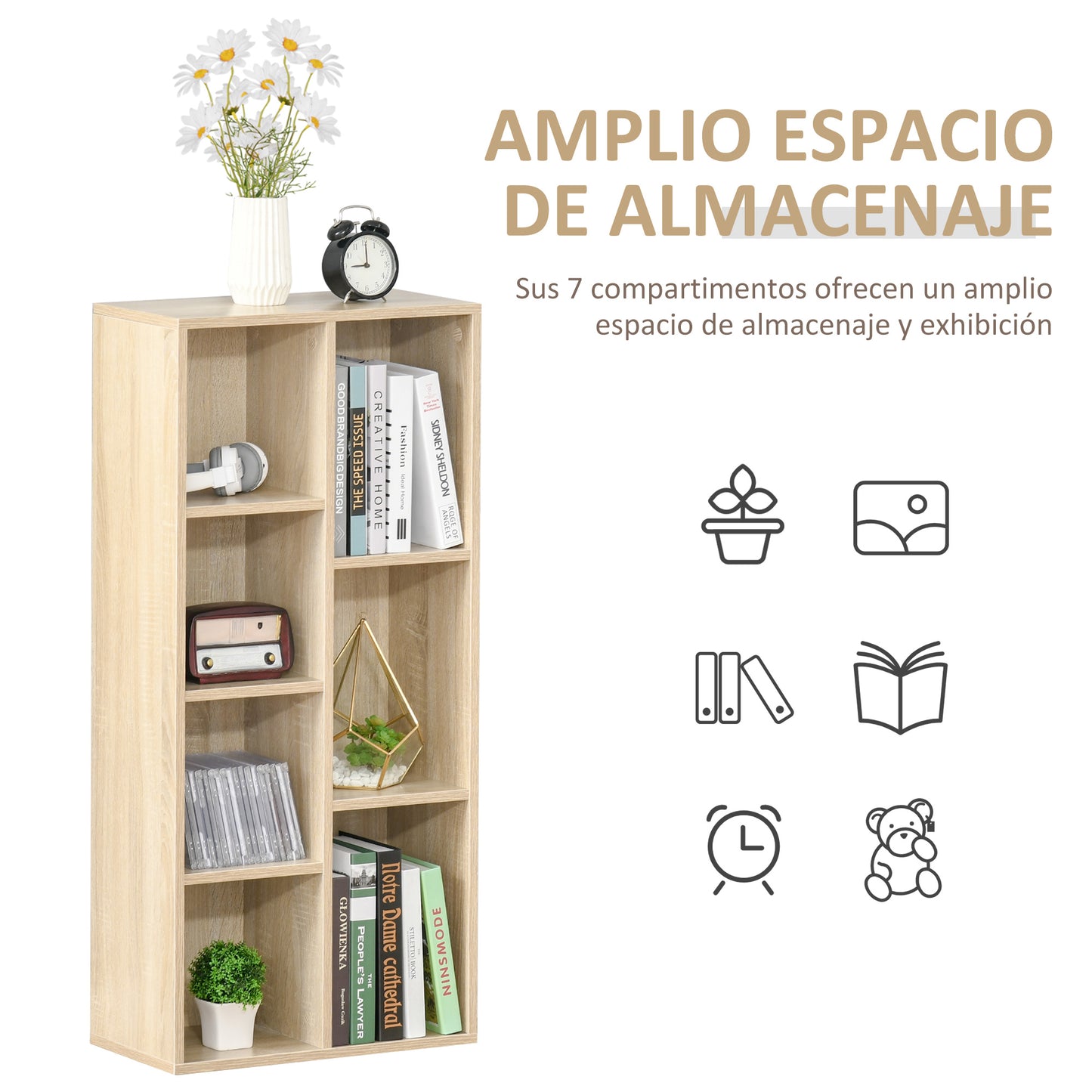 HOMCOM Estantería para Libros Librería de Madera con 7 Compartimentos de Almacenaje Plantas Archivos para Sala de Estar Dormitorio Oficina 50x24x106 cm Roble