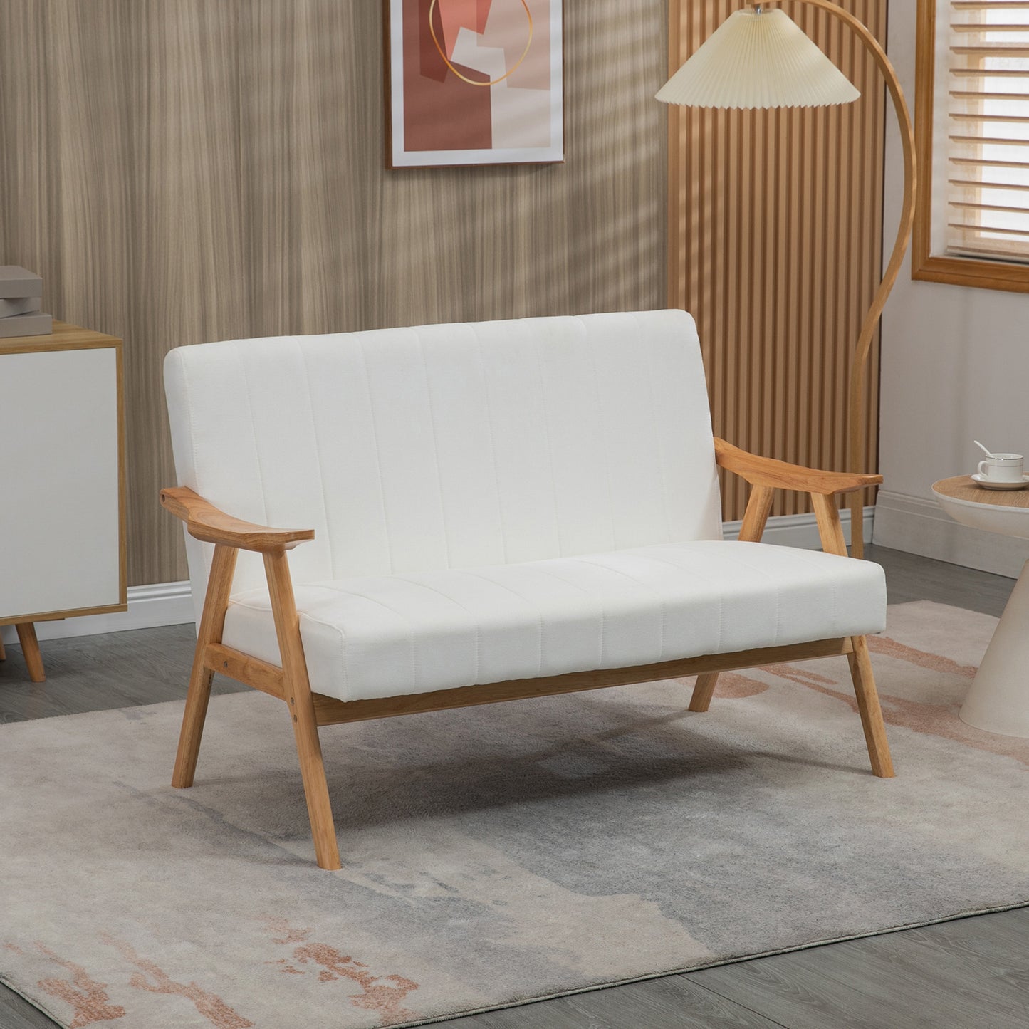 HOMCOM Sofá de 2 Plazas Moderno Sofá de Salón Decorativo Tapizado en Poliéster con Asiento Acolchado y Patas de Madera para Dormitorio Carga 200 kg 130x74x82 cm Crema