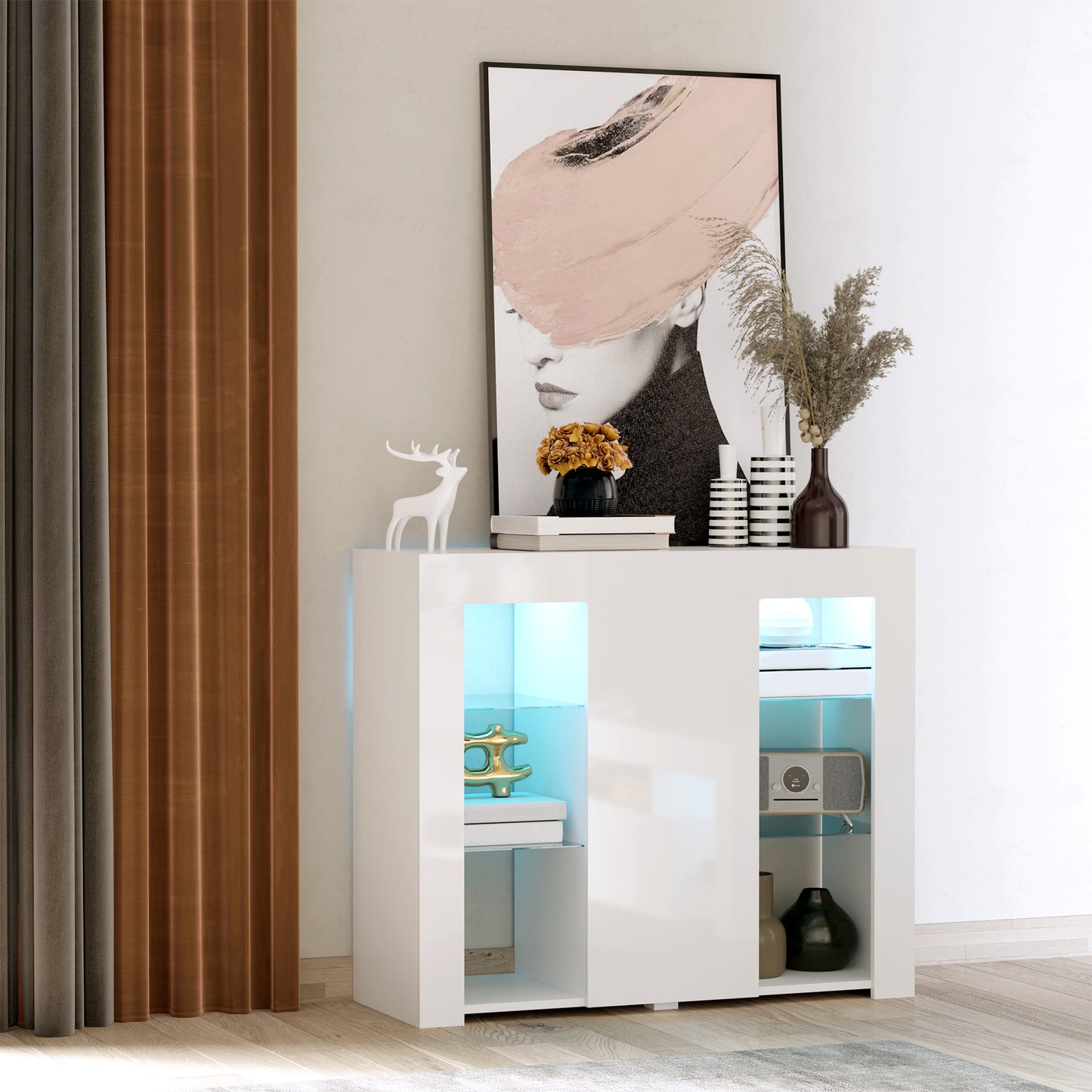 HOMCOM Aparador Moderno con Luces LED Mueble Buffet con 1 Puerta de Alto Brillo Cierre a Presión Estantes Ajustables y Control Remoto 97x35x83 cm Blanco