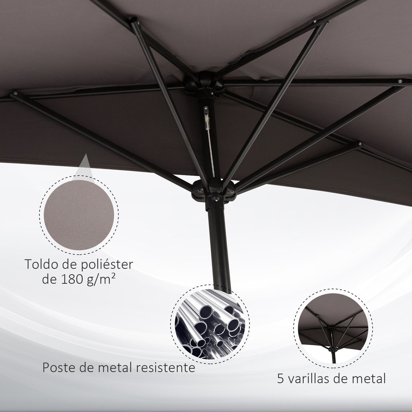 Outsunny Sombrilla 269x138x236 cm Parasol de Jardín con Manivela y Forma Semicircular para Exterior Terraza Patio Piscina Gris