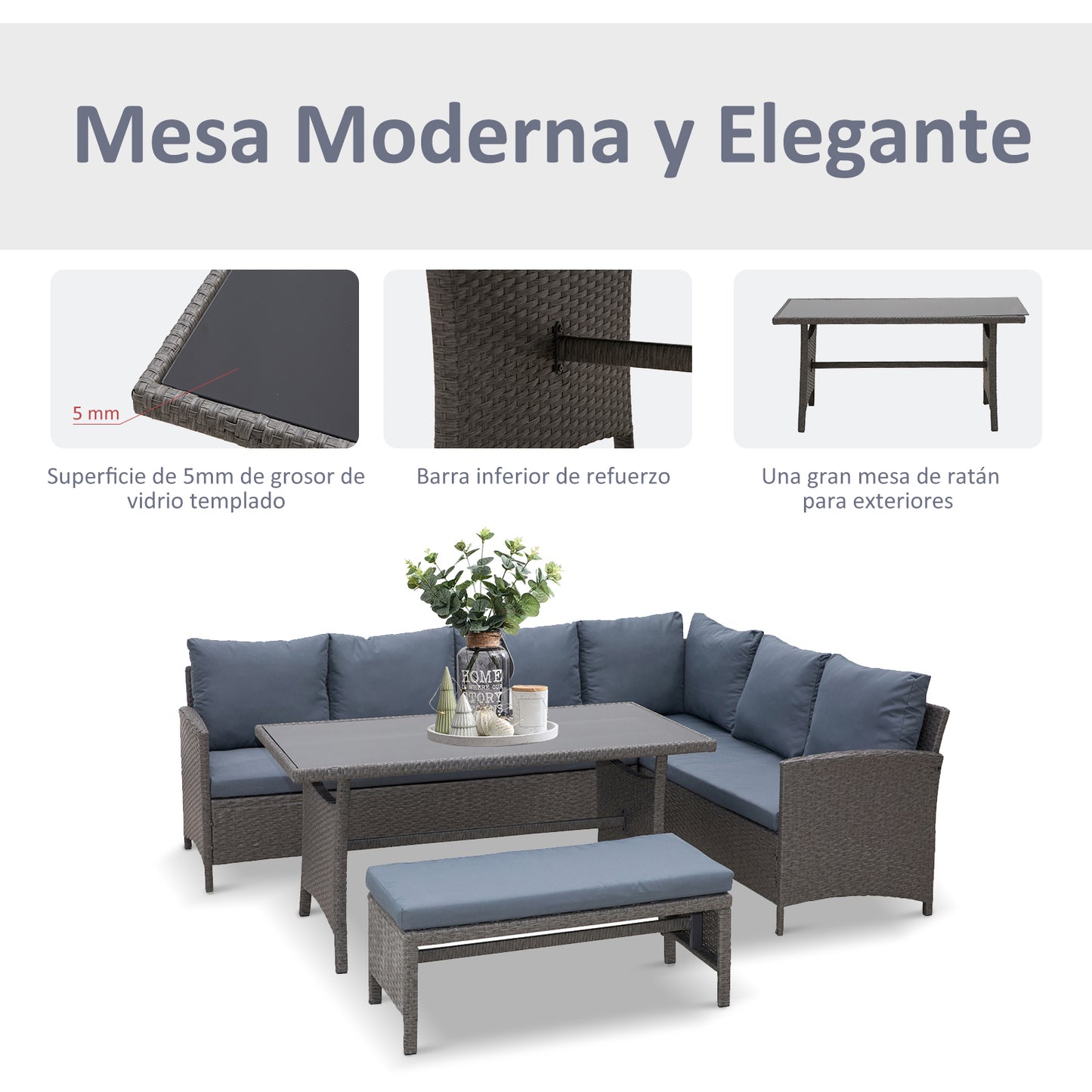 Outsunny Conjunto 4 Piezas Muebles de Ratán Espacio Amplio con Cojines Acolchados para Jardín o Terraza Patio 2 Sofá 1 Mesa 1 Banco de Exterior Tubo de Hierro Vidrio Templado Gris