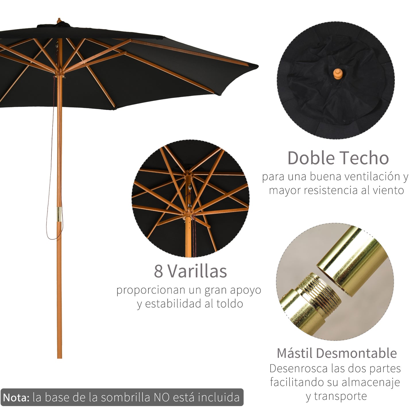 Outsunny Sombrilla Parasol de Jardín Ø300x250 cm con Sistema de Pestillo de Fijación Techo Ventilado y Poste Desmontable de Madera para Terraza Patio Exterior Negro