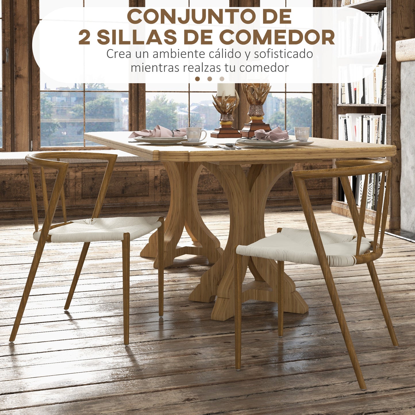 HOMCOM Pack de 2 Sillas de Comedor con Asiento de Cuerda de Papel Sillas de Cocina Apilables Estilo Moderno Carga 120 kg 51x51x71 cm Roble y Crema