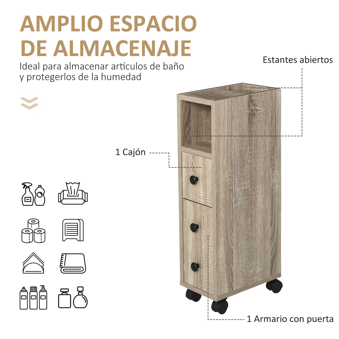 kleankin Armario de Baño con Ruedas Mueble Auxiliar para Baño con Estante Abierto Puerta y Cajón Espacio Reducido 18x30x68,5 cm Roble