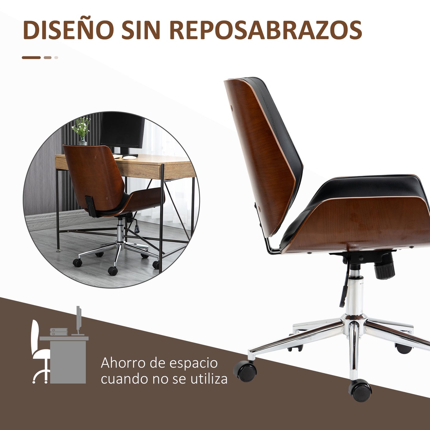 Vinsetto Silla de Escritorio Giratoria Silla de Oficina de PU con Altura Ajustable Función de Inclinación y Ruedas para Salón Dormitorio Estudio Carga 120 kg 51x65,5x82-92 cm Negro