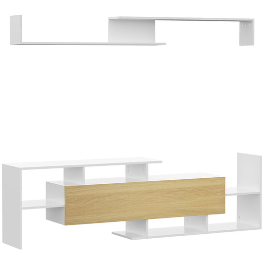 HOMCOM Muebles de Salón Conjunto Muebles de TV con Mesa para Televisor 153,6x25x42 cm y Estante de Pared 150x14,5x16,3 cm Blanco y Natural