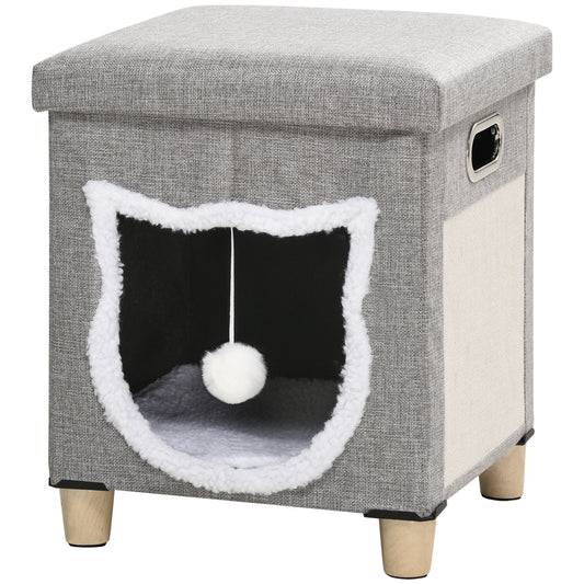 PawHut Cama Cueva de Gatos 2 en 1 Casa para Gatos Interior Tipo Reposapiés con Cojín Extraíble Bola Colgante y Almohadilla para Rascar 35,5x35,5x42,5 cm Gris