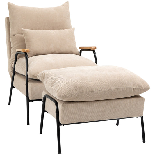 HOMCOM Sillón de Relax con Reposapiés Sillón Reclinable con Respaldo Ajustable Tapizado en Pana Marco de Acero y Cojines para Salón Dormitorio 68x91,5x88 cm Beige