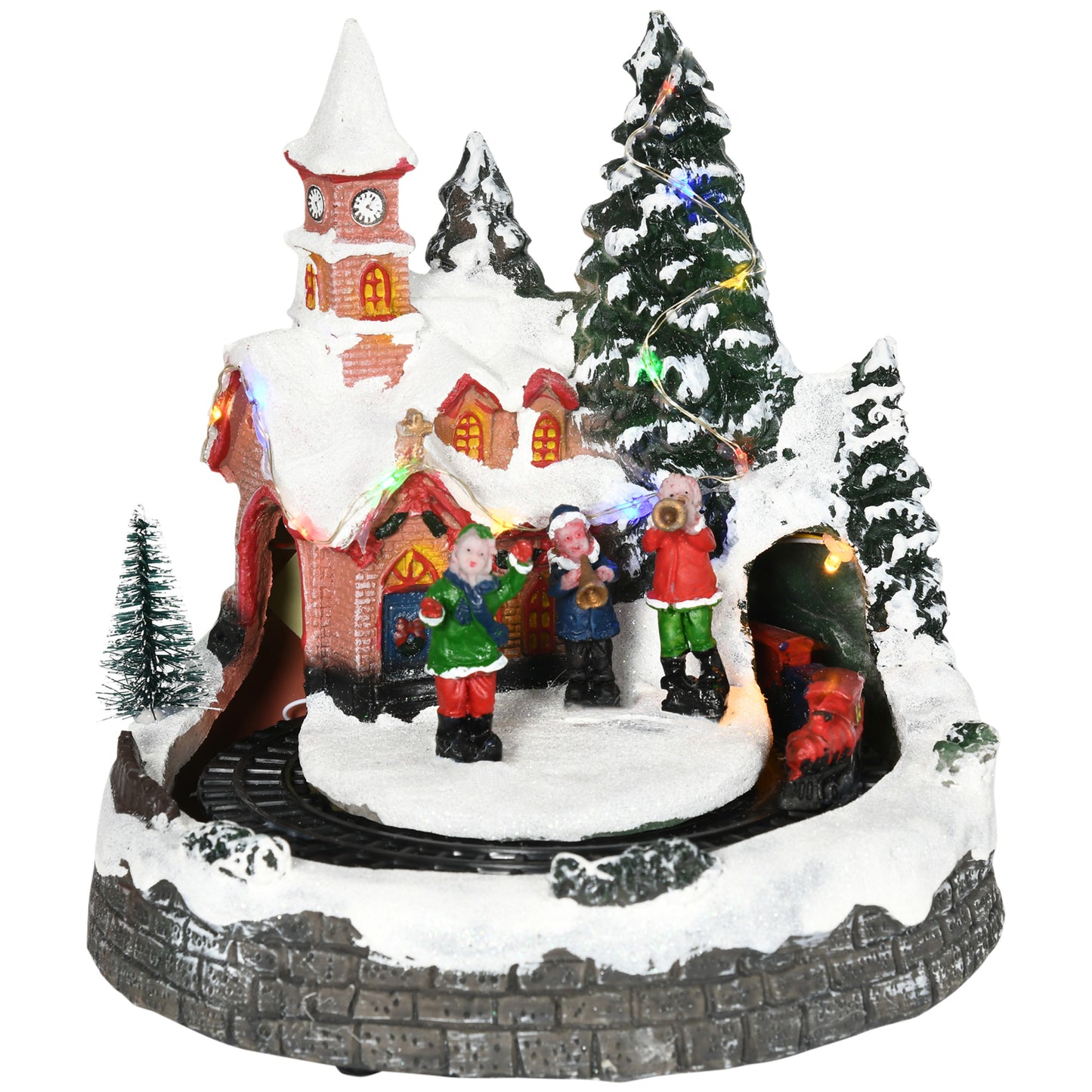 HOMCOM Pueblo Navideño Escena Navideña Iluminado con Luces LED Árbol de Navidad Música y Tren Móvil Decoración Navideña sobre Mesa 20x19,5x20 cm Multicolor