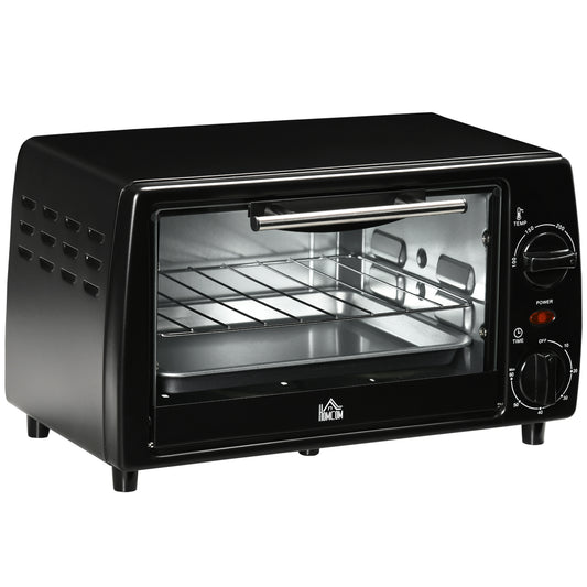 HOMCOM Horno Eléctrico Sobremesa 10 Litros 750W Horno Eléctrico Pequeño con Temperatura hasta 230 ℃ Temporizador 60 Minutos Bandeja y Rejilla 36,5x26x22 cm Negro