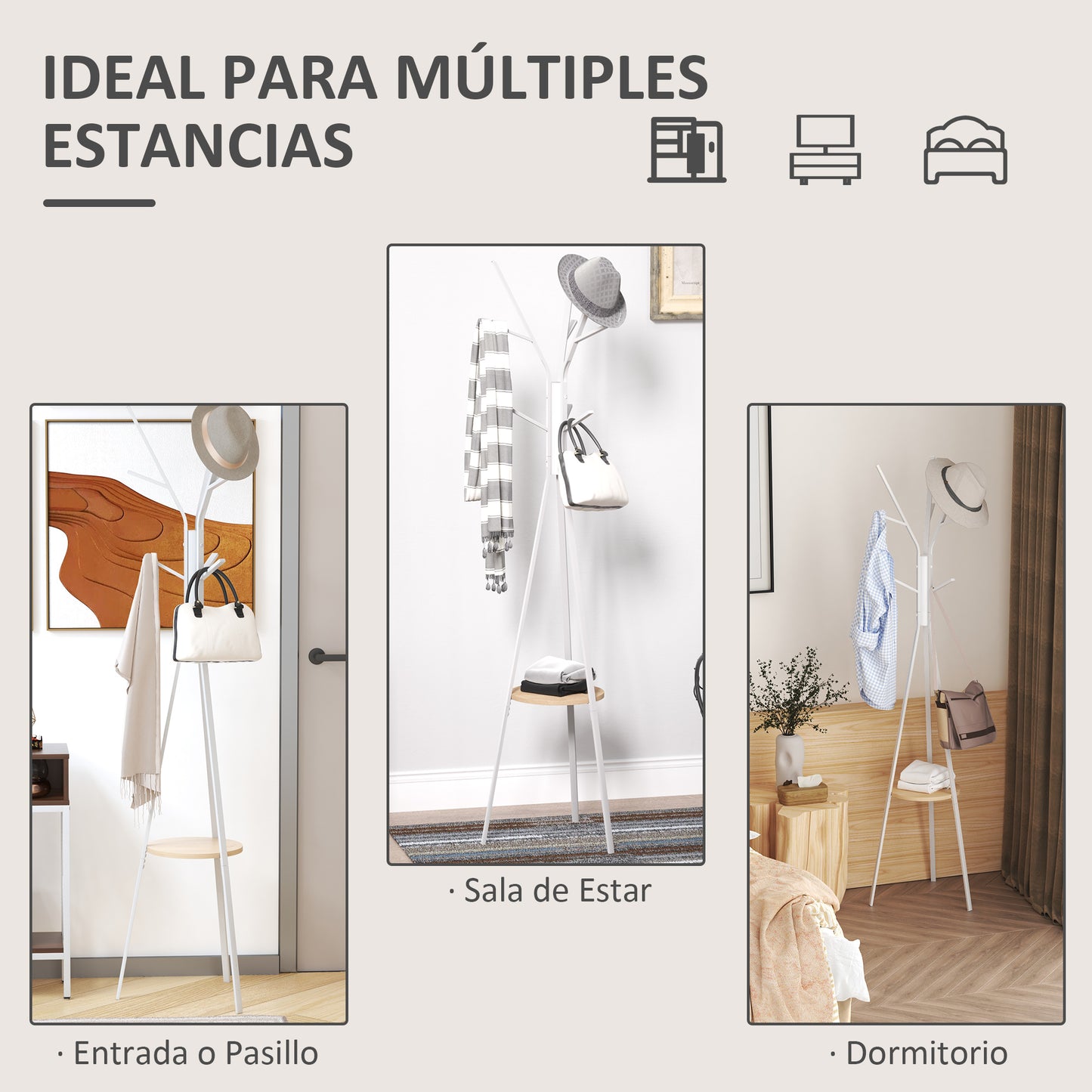 HOMCOM Perchero de Pie Forma de Árbol Perchero para Ropa de Metal con 9 Ganchos y Estante Perchero Vintage para Dormitorio Salón 45x45x180 cm Blanco