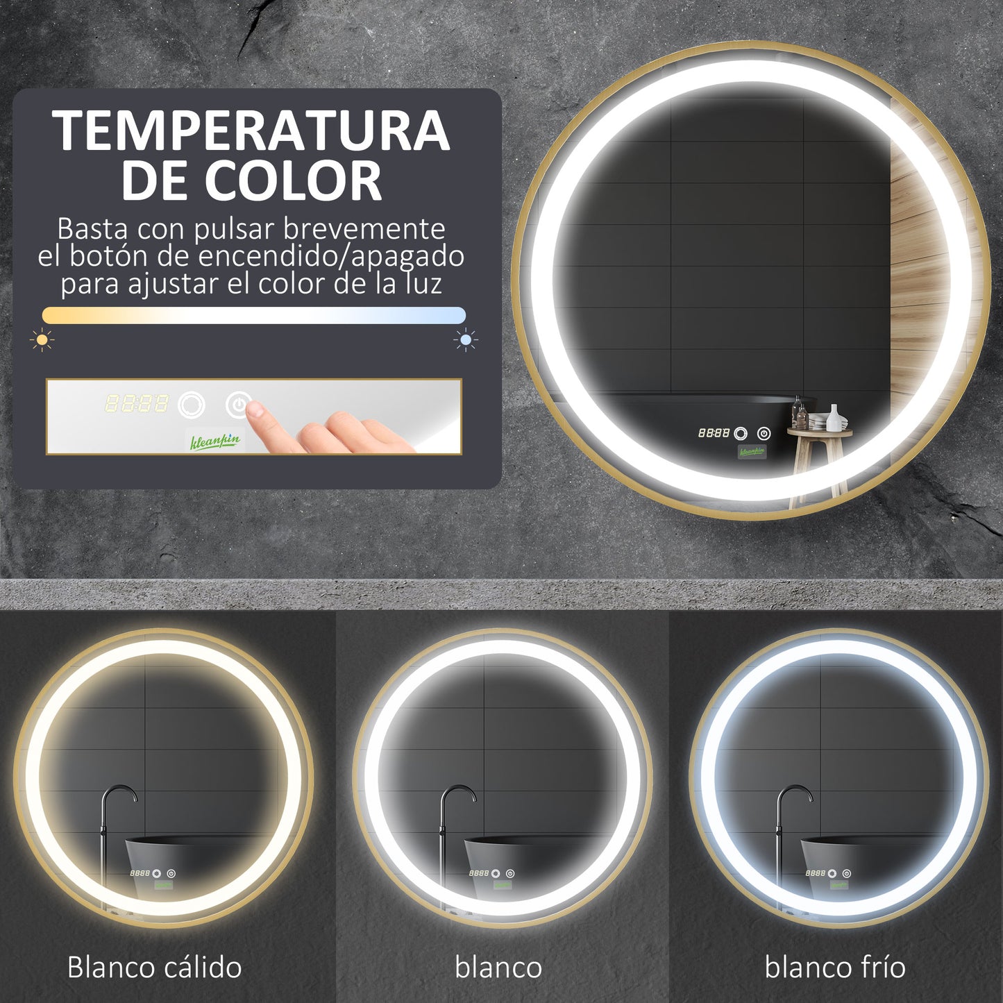 kleankin Espejo de Baño con Luz LED Ø60x4 cm Espejo Redondo con Interruptor Táctil 3 Luces Ajustable Visualización de Temperatura y Hora Función de Memoria Marco de Aluminio Dorado