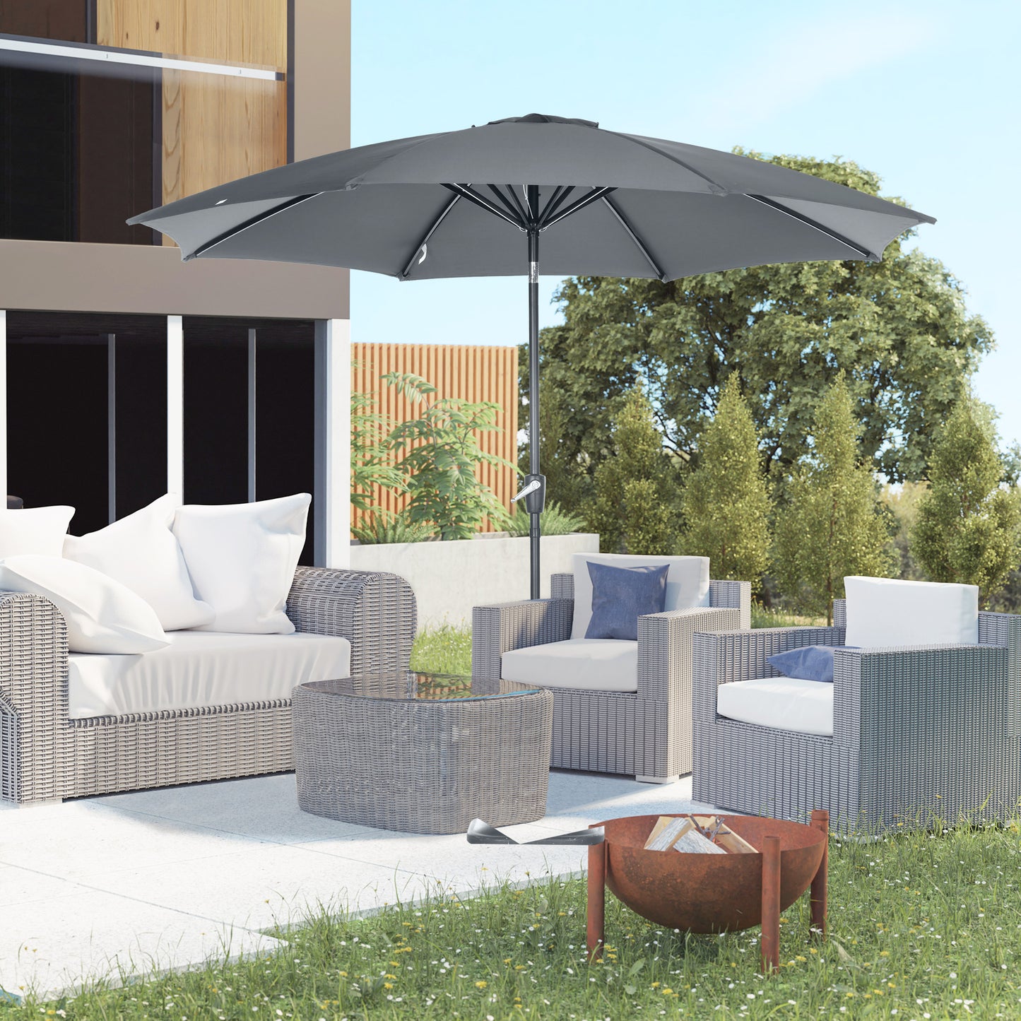 Outsunny Sombrilla de Jardín Ø300x252 cm Parasol de Terraza con Manivela Techo Inclinable y 8 Varillas de Metal para Patio Balcón Exterior Gris