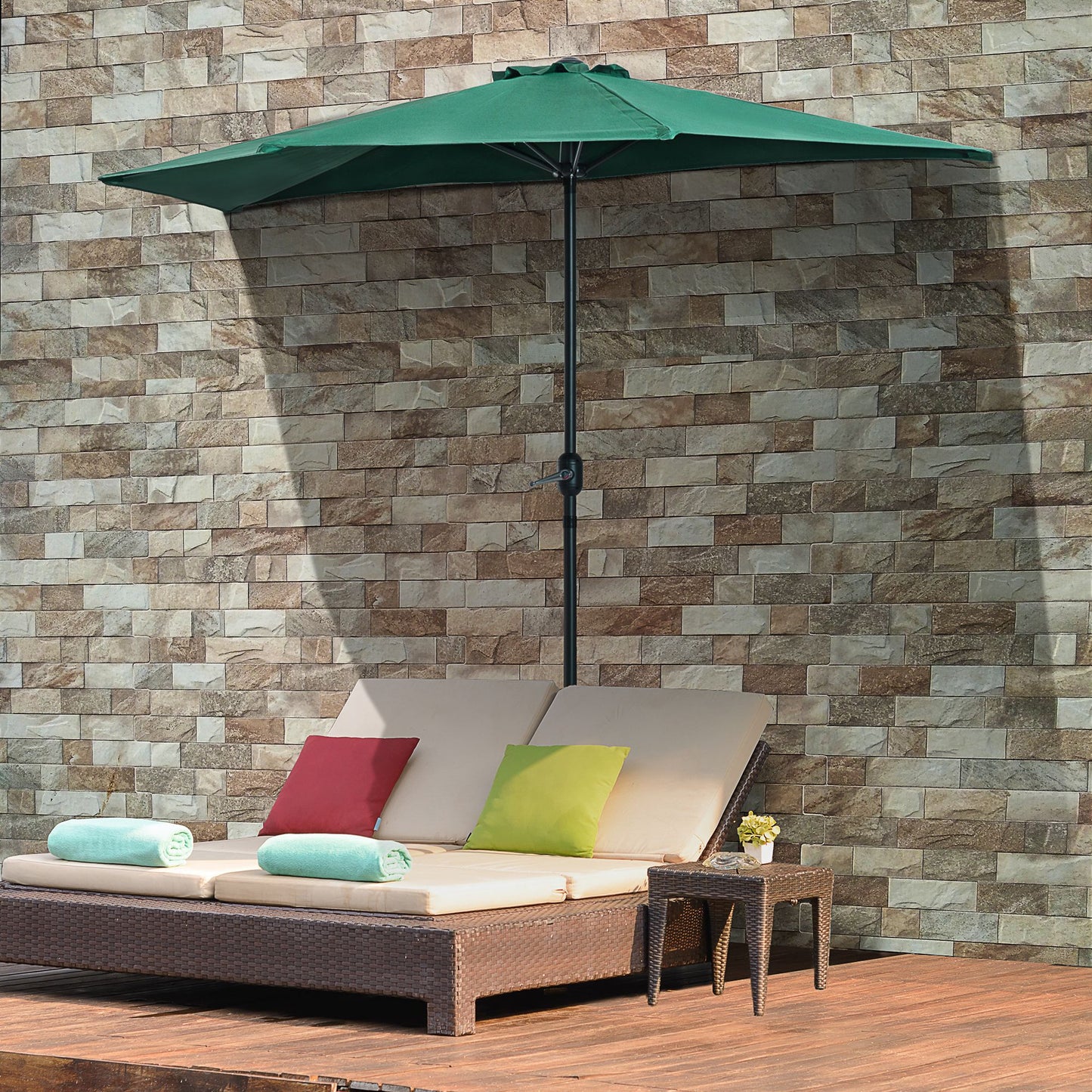 Outsunny Sombrilla 269x138x236 cm Parasol de Jardín con Manivela y Forma Semicircular para Exterior Terraza Patio Piscina Verde