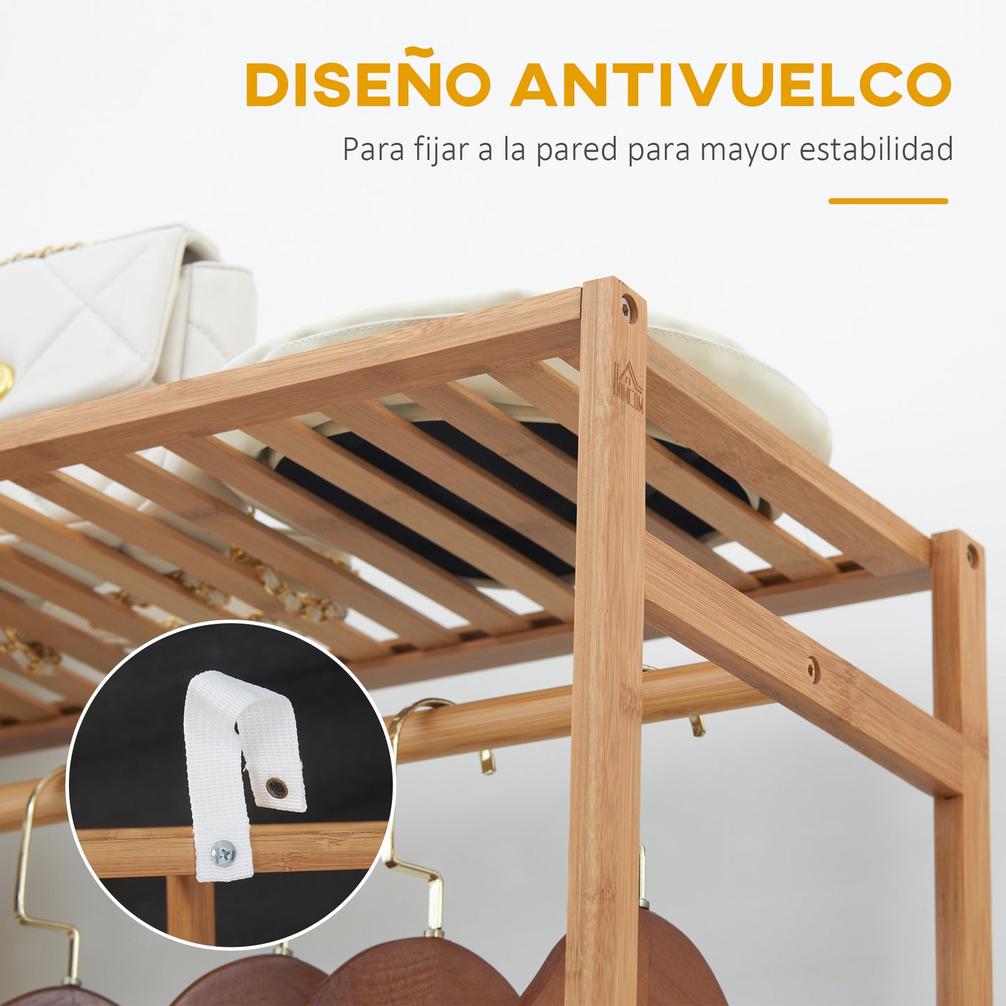 HOMCOM Perchero de Pie de Bambú Perchero para Ropa con Estante de Almacenamiento de 6 Niveles y Varilla Colgante para Salón Dormitorio Entrada 90x30x145 cm Natural