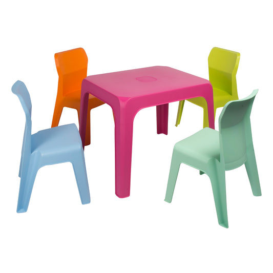 Garbar jan set 4+1 infantil silla-mesa interior, exterior azul cielo/fucsia/naranja/verde lima/aquamint
