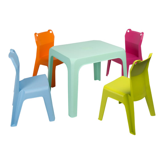 Garbar jan frog set 4+1 infantil silla-mesa interior, exterior azul cielo/fucsia/naranja/verde lima/aquamint