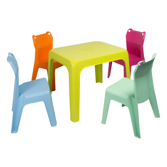 Garbar jan frog set 4+1 infantil silla-mesa interior, exterior azul cielo/fucsia/naranja/verde lima/aquamint