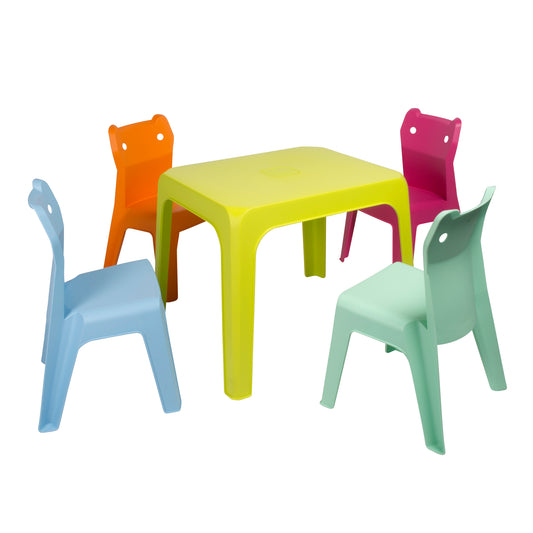 Garbar jan cat set 4+1 infantil silla-mesa interior, exterior azul cielo/fucsia/naranja/verde lima/aquamint