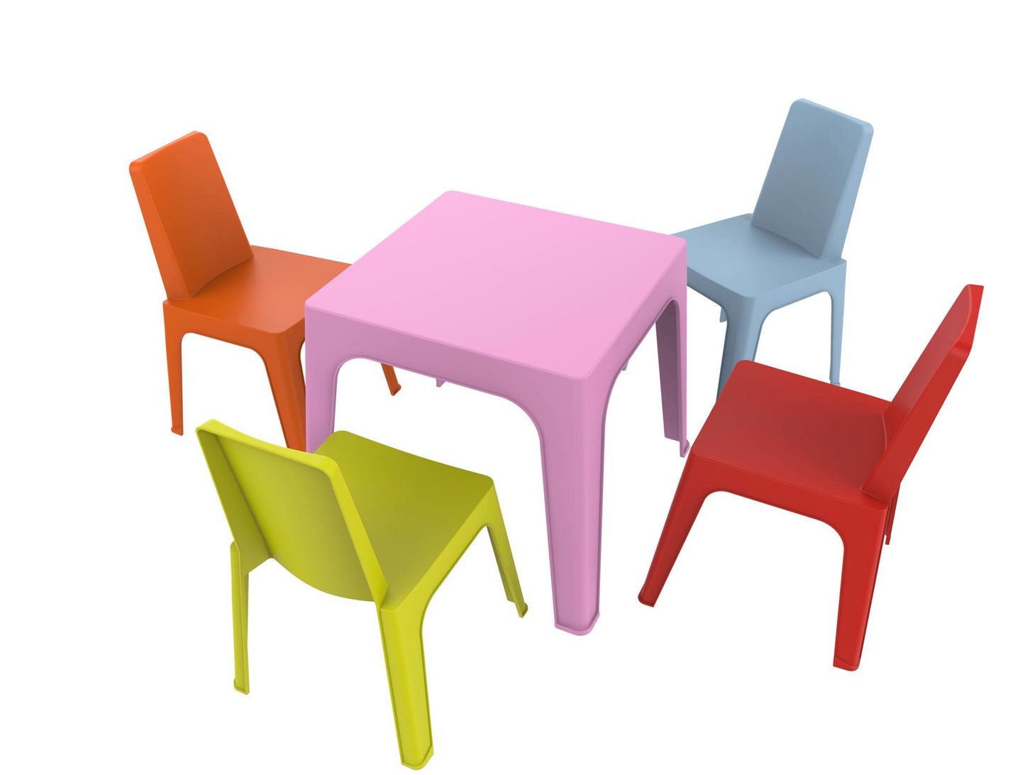 Garbar julieta set 4+1 infantil silla-mesa interior, exterior azul cielo/rosa/rojo/naranja/verde lima