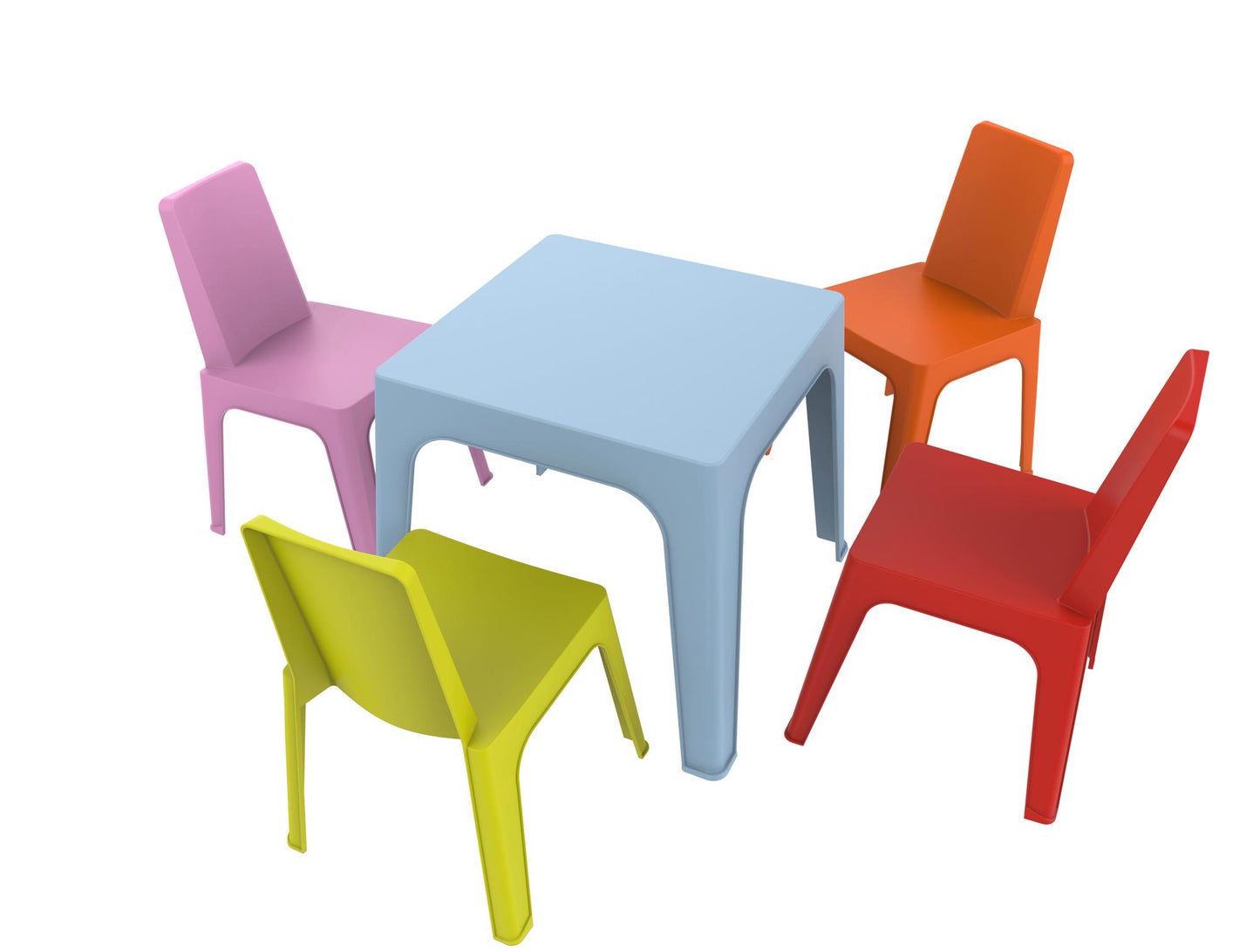 Garbar julieta set 4+1 infantil silla-mesa interior, exterior azul cielo/rosa/rojo/naranja/verde lima