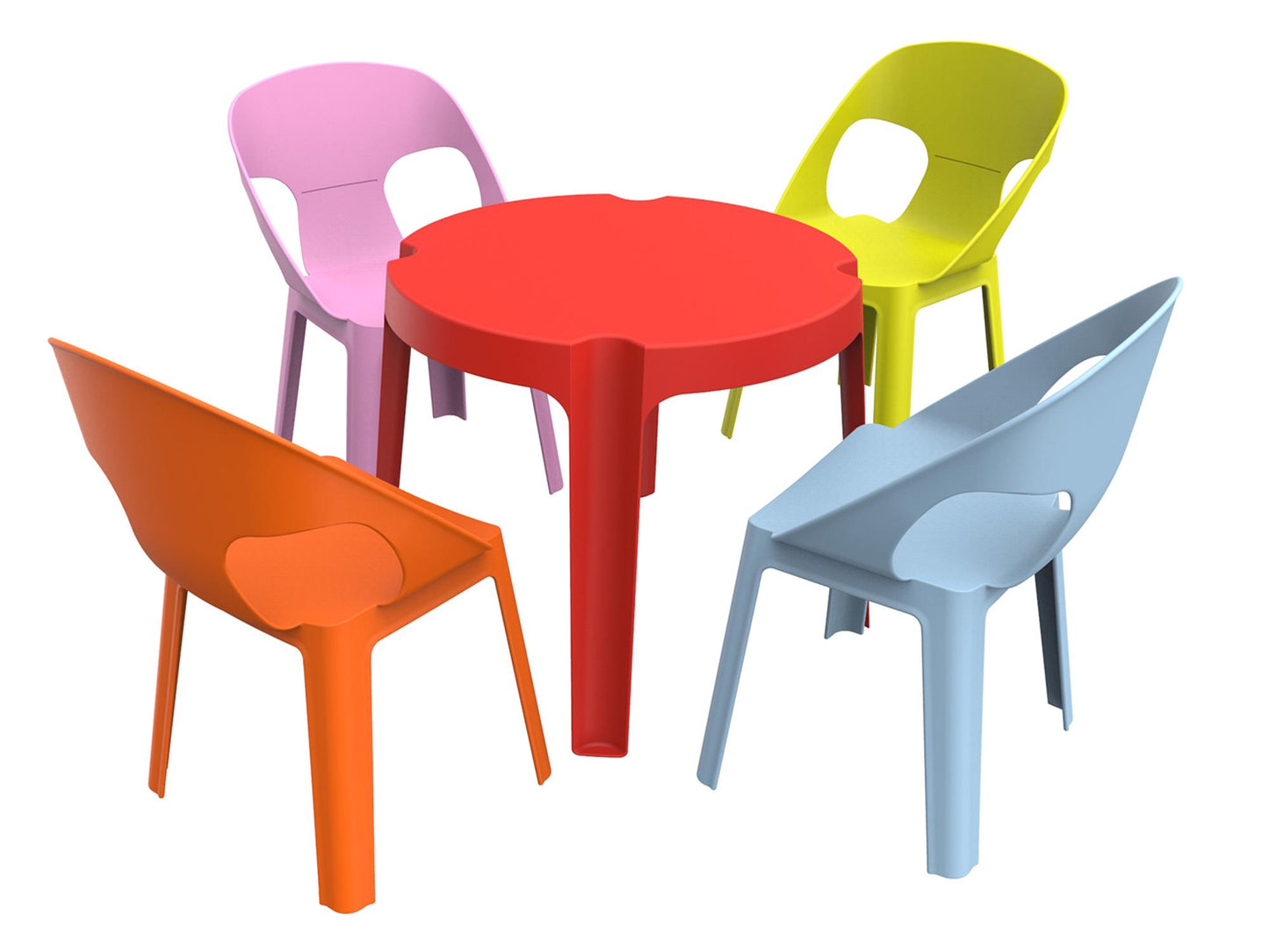 Garbar rita set 4+1 infantil silla-mesa interior, exterior azul cielo/rosa/rojo/naranja/verde lima