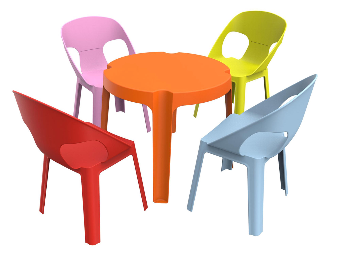 Garbar rita set 4+1 infantil silla-mesa interior, exterior azul cielo/rosa/rojo/naranja/verde lima