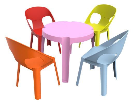 Garbar rita set 4+1 infantil silla-mesa interior, exterior azul cielo/rosa/rojo/naranja/verde lima
