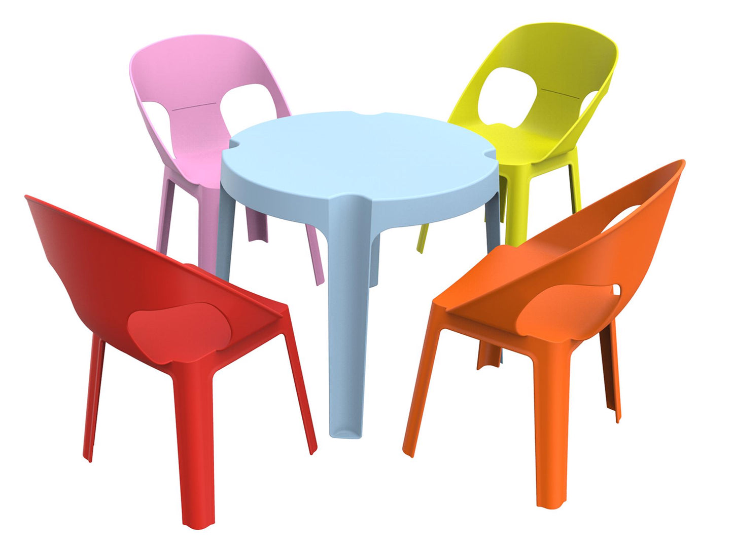 Garbar rita set 4+1 infantil silla-mesa interior, exterior azul cielo/rosa/rojo/naranja/verde lima