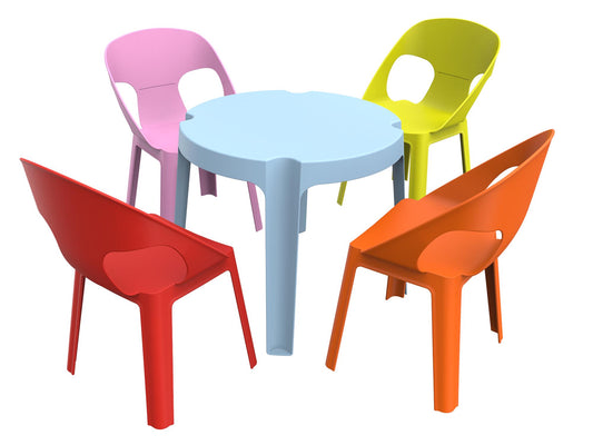 Garbar rita set 4+1 infantil silla-mesa interior, exterior azul cielo/rosa/rojo/naranja/verde lima
