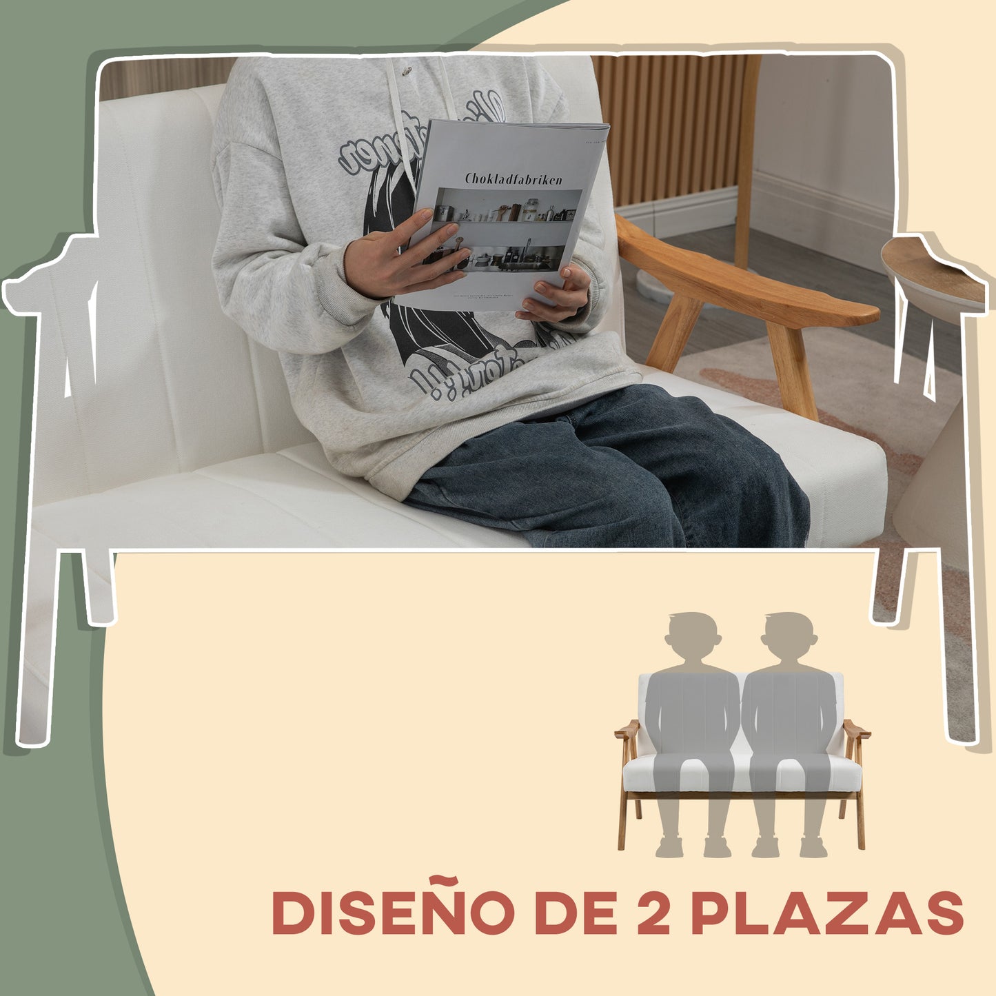 HOMCOM Sofá de 2 Plazas Moderno Sofá de Salón Decorativo Tapizado en Poliéster con Asiento Acolchado y Patas de Madera para Dormitorio Carga 200 kg 130x74x82 cm Crema