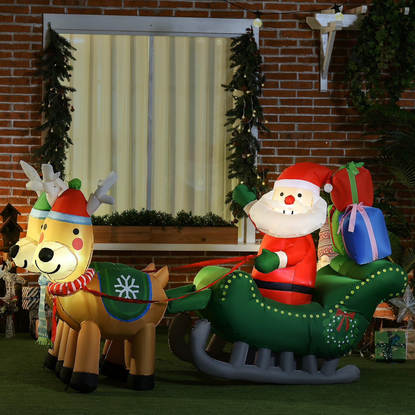 HOMCOM Decoración Inflable de Navidad Papá Noel con Trineo y 2 Renos Decoración Navideña con 4 Luces LED para Jardín Patio 210x70x125 cm