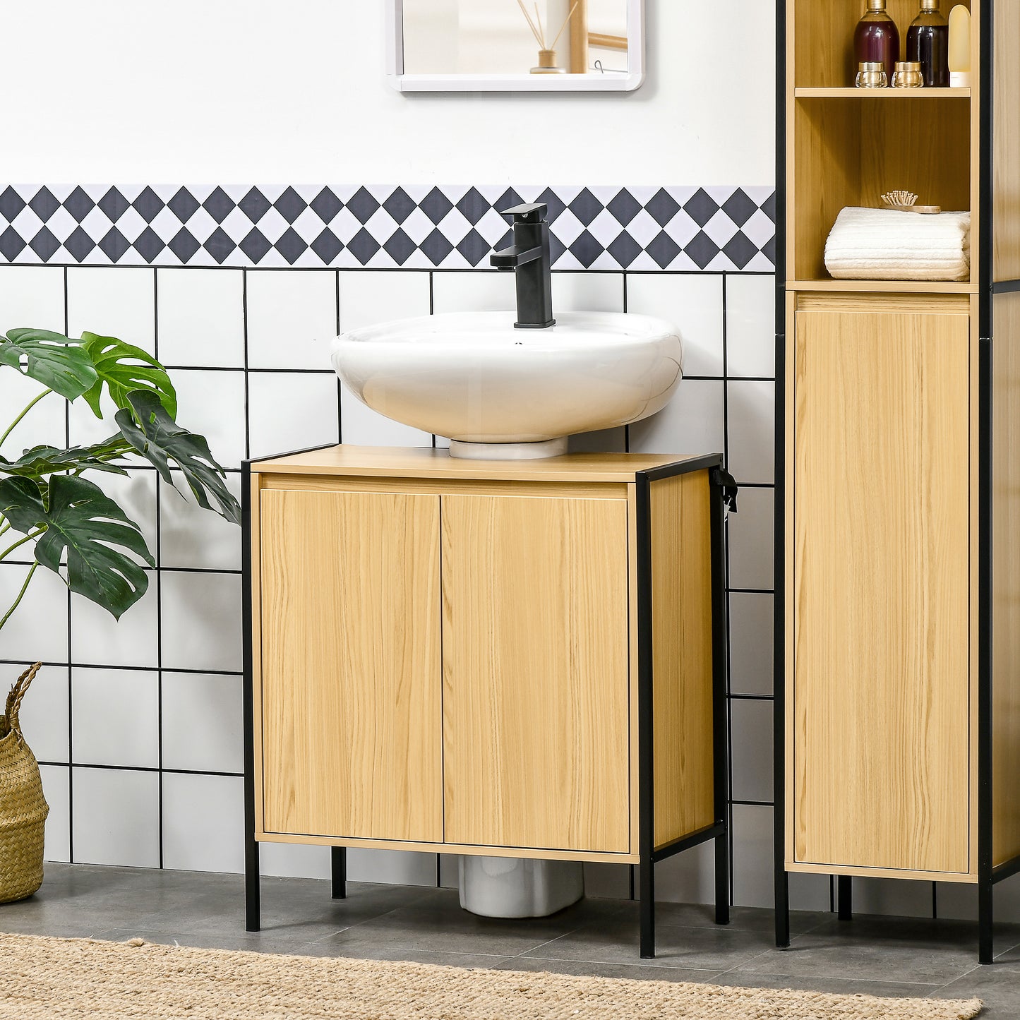 kleankin Mueble para Debajo del Lavabo Armario de Suelo para Baño de Madera con 2 Puertas y Estante Ajustable Interior Estilo Industrial Antivuelco 60x30x65,2 cm Roble