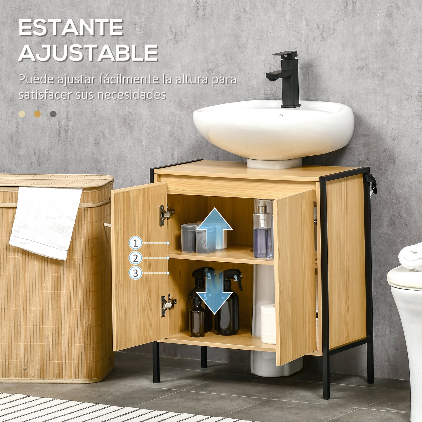 kleankin Mueble para Debajo del Lavabo Armario de Suelo para Baño de Madera con 2 Puertas y Estante Ajustable Interior Estilo Industrial Antivuelco 60x30x65,2 cm Roble