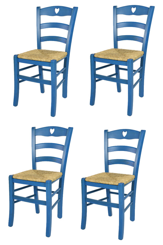 Tommychairs - Set 4 sillas Cuore para Cocina y Comedor, Estructura en Madera de Haya Color anilina Azul y Asiento en Paja