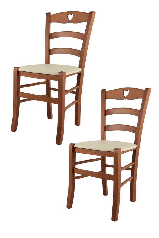 Tommychairs - Set 2 sillas de Cocina y Comedor Cuore, Estructura en Madera de Haya Color Cerezo y Asiento tapizado en Polipiel Color Marfil