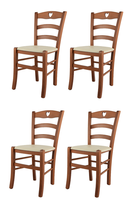 Tommychairs - Set 4 sillas de Cocina y Comedor Cuore, Estructura en Madera de Haya Color Cerezo y Asiento tapizado en Polipiel Color Marfil