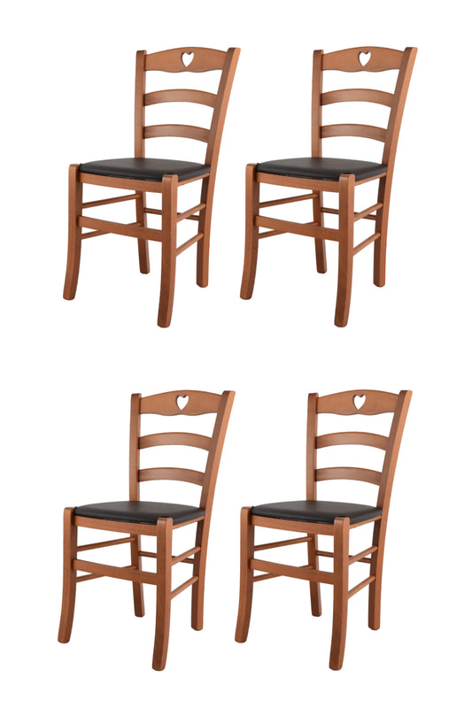 Tommychairs - Set 4 sillas de Cocina y Comedor Cuore, Estructura en Madera de Haya Color Cerezo y Asiento tapizado en Polipiel Color Moka